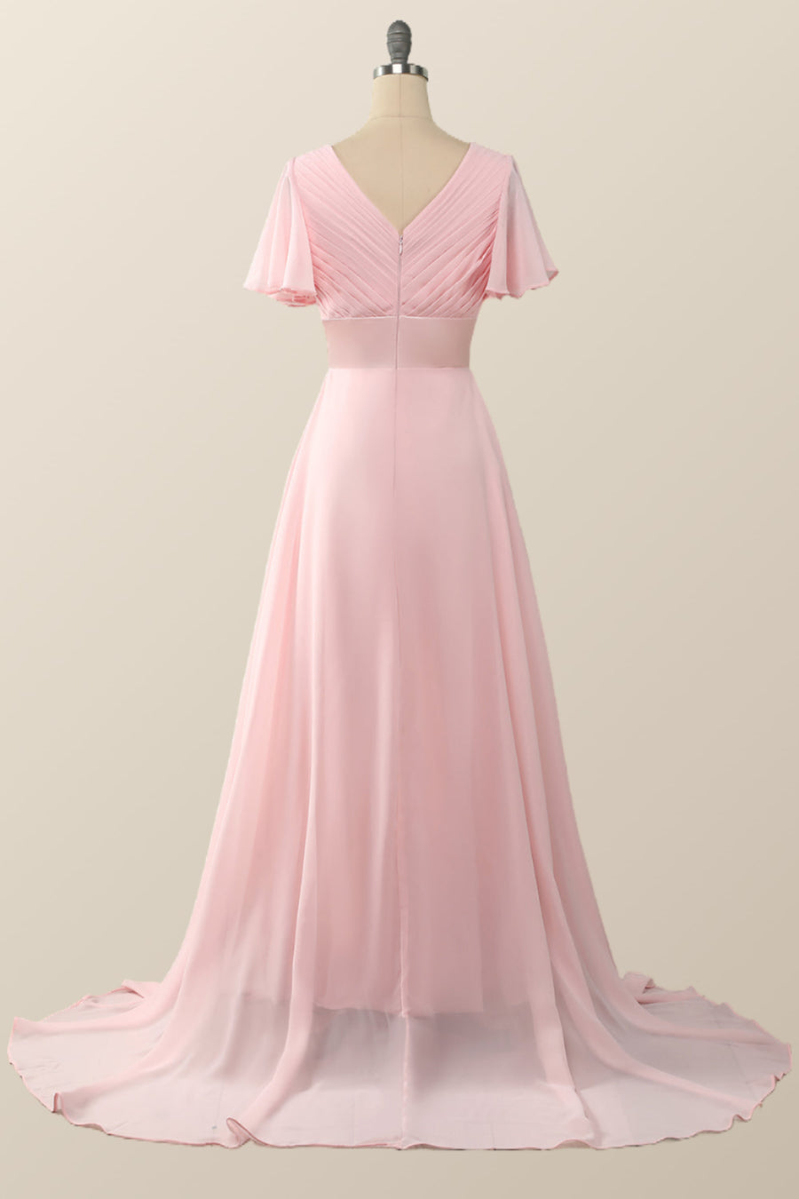 Pleated Pink Flare Sleeves Chiffon Long Bridesmaid Dress