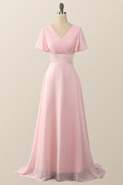 Pleated Pink Flare Sleeves Chiffon Long Bridesmaid Dress