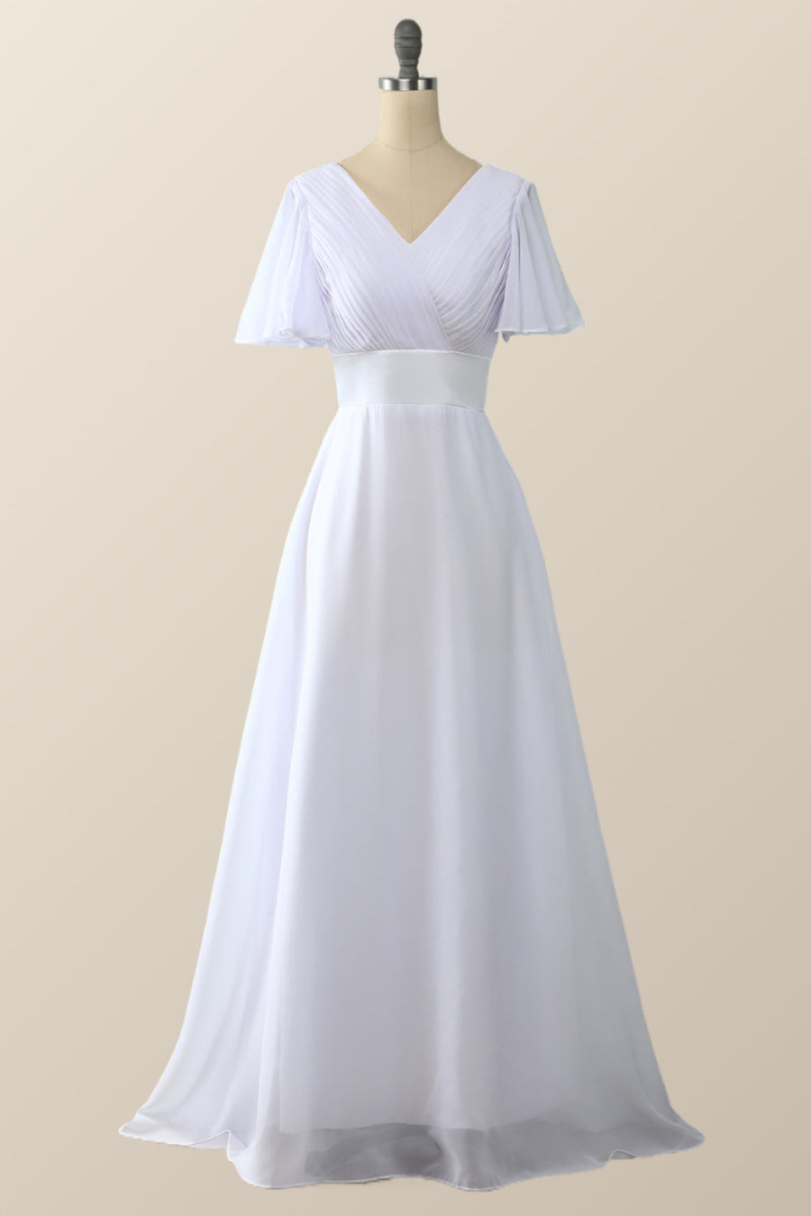 Pleated White Flare Sleeves Chiffon Long Bridesmaid Dress