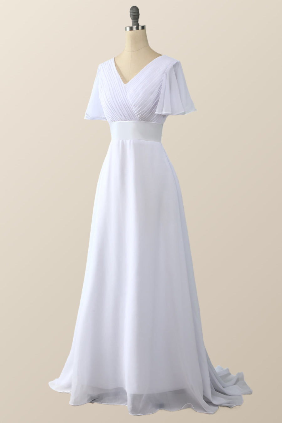 Pleated White Flare Sleeves Chiffon Long Bridesmaid Dress