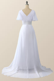 Pleated White Flare Sleeves Chiffon Long Bridesmaid Dress