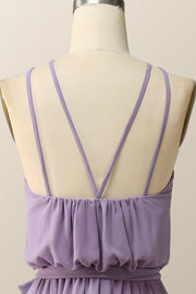 Halter Straps Purple Chiffon Long Bridesmaid Dress