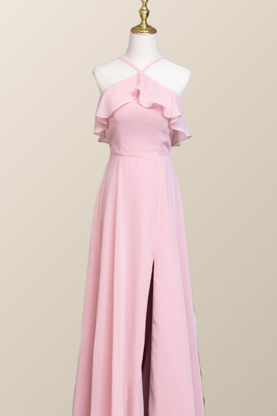 Pink Chiffon Ruffle Halter A-line Long Bridesmaid Dress
