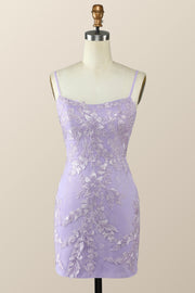Straps Floral Embroidered Lavender Bodycon Mini Dress