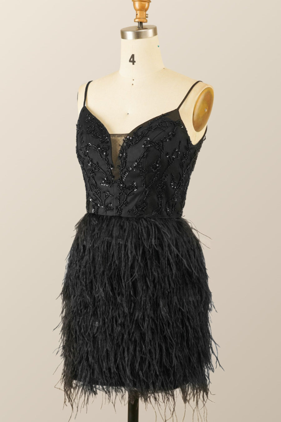Straps Black Beaded Feather Mini Dress