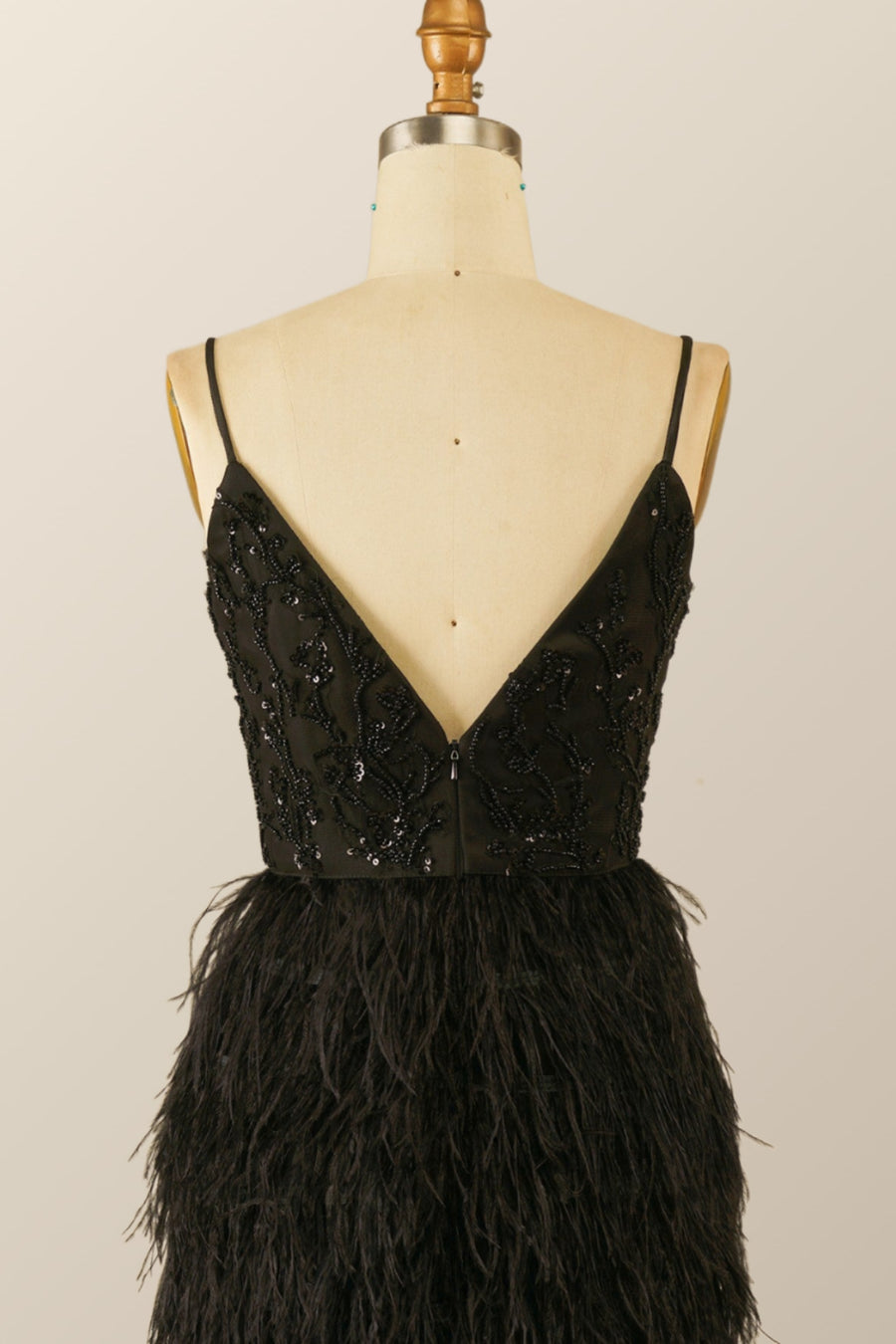 Straps Black Beaded Feather Mini Dress