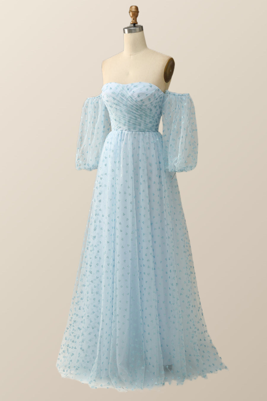 Blue Hearts Printed Tulle Long Formal Dress with Puffy Sleeves