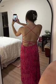 Blue Beaded Straps Fitted Long Dress