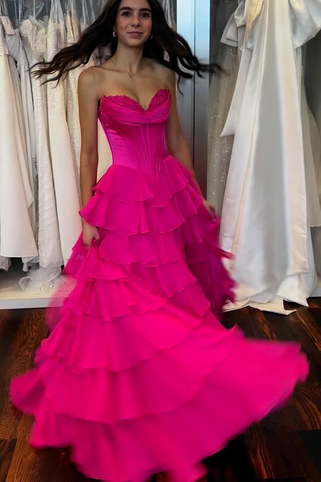 Strapless Yellow Tiered Chiffon Long Dress with Slit