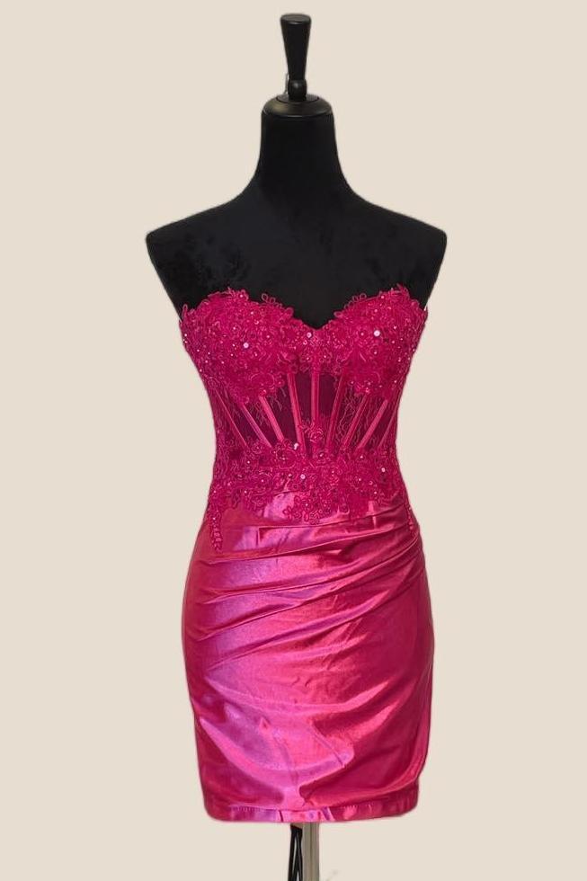 Fuchsia Appliques Tight Ruched Party Dress