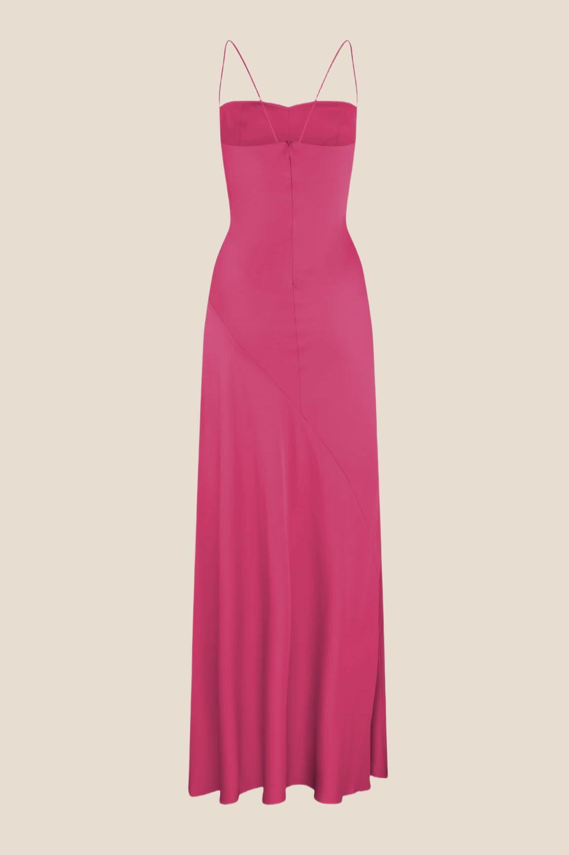 Spaghetti Straps Fuchsia Long Dress with Slit