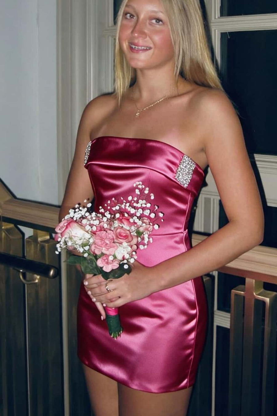Fuchsia Folded Satin Tight Short Dress