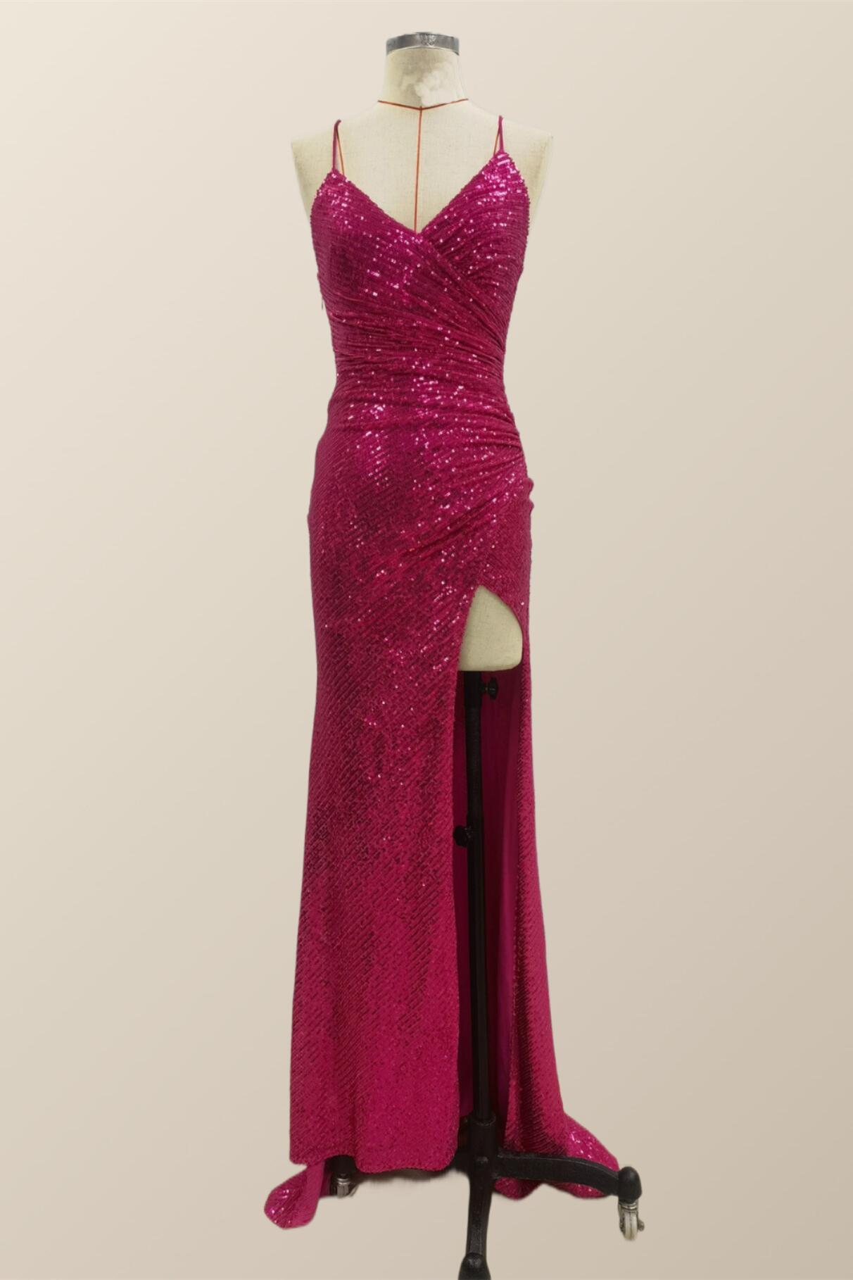 Fuchsia Mermaid Halter Sequin Backless Ball Dress With Slit