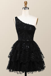 Black One Shoulder Ruffles Short A-line Dress