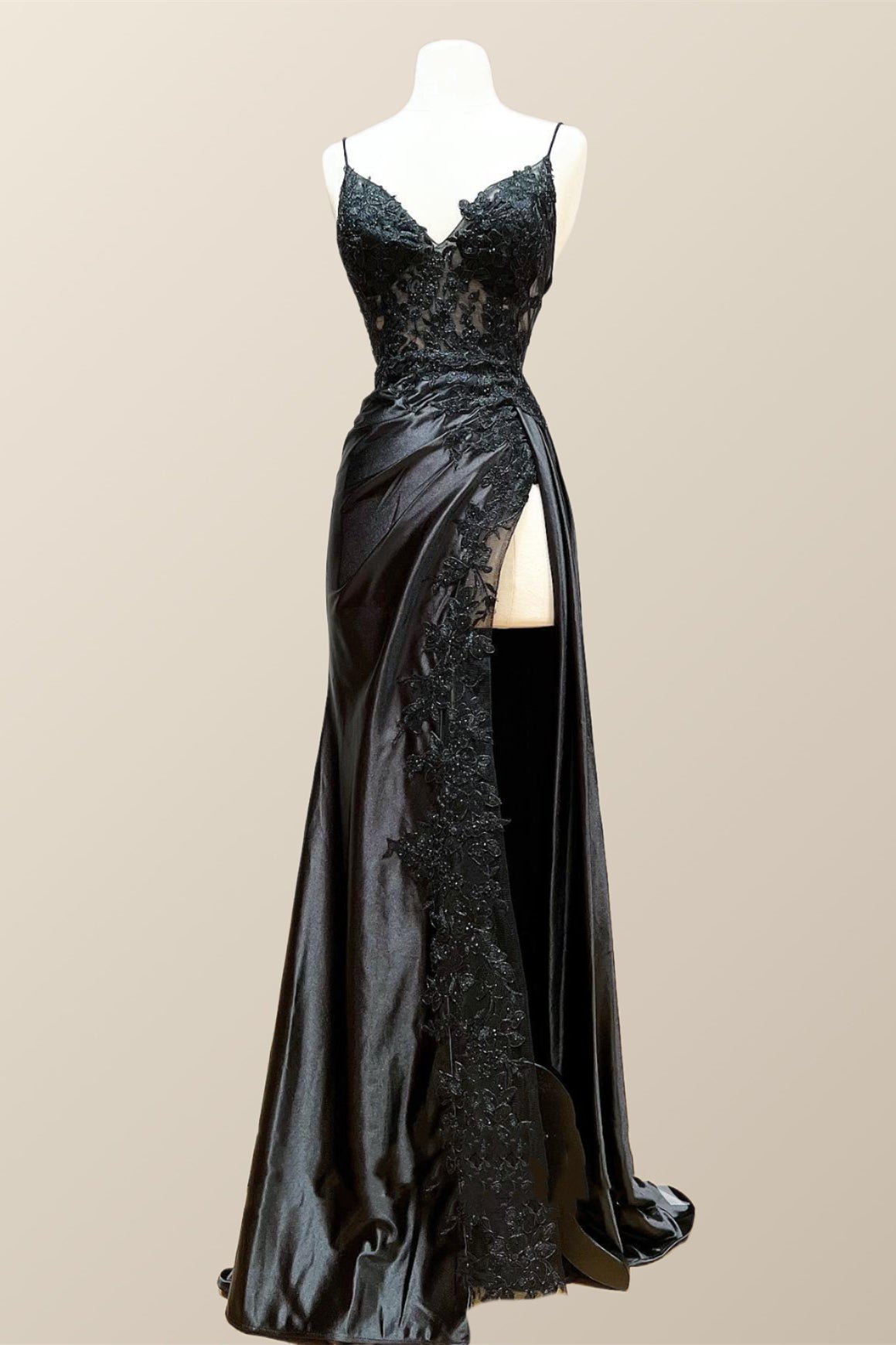 Straps Black Appliques Long Formal Dress with Slit – Ohmollydress