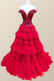 Off the Shoulder Red Appliques Tiered Long Formal Dress