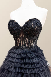Sweetheart Black Lace Appliques Tiered Long Formal Dress