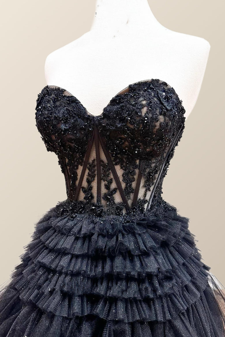 Black Sweetheart Cap Sleeves with Lace Applique Party Dress, Black Long Evening Dress main image 1