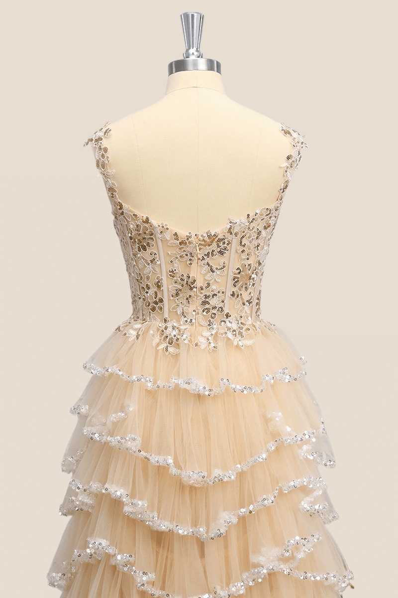 Champagne Sequin Corset A-line Tiered Ruffles Long Formal Dress