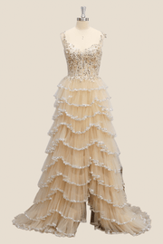 Champagne Sequin Corset A-line Tiered Ruffles Long Formal Dress