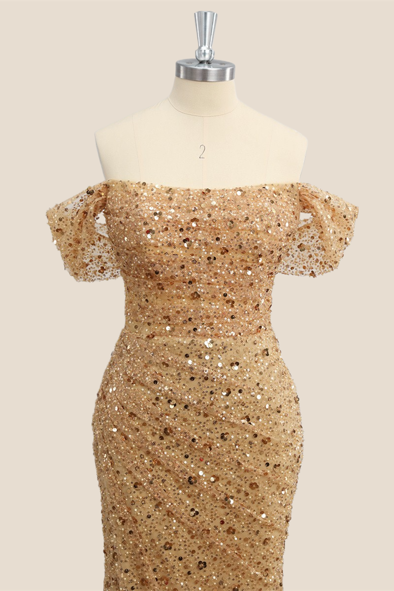 Off the Shoulder Gold Sparkles Ruched Mermaid Party Dress