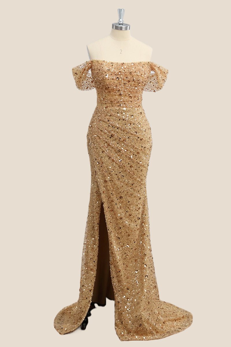 Off the Shoulder Gold Sparkles Ruched Mermaid Party Dress
