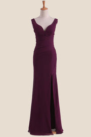 Grape Empire Fit Long Bridesmaid Dress with Slit
