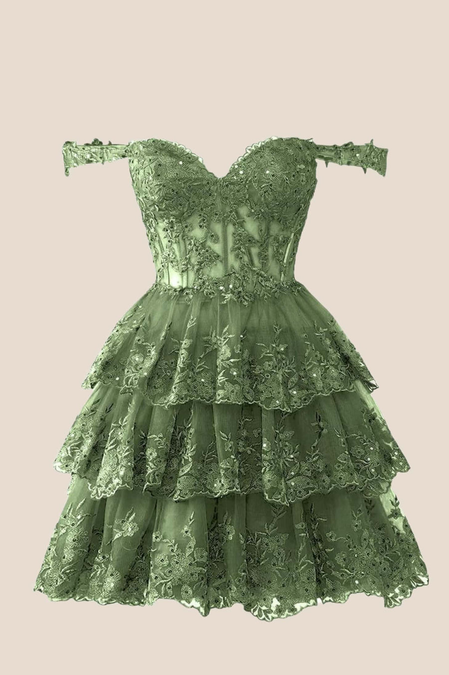 Green Lace Appliques Ruffle A-line Dress