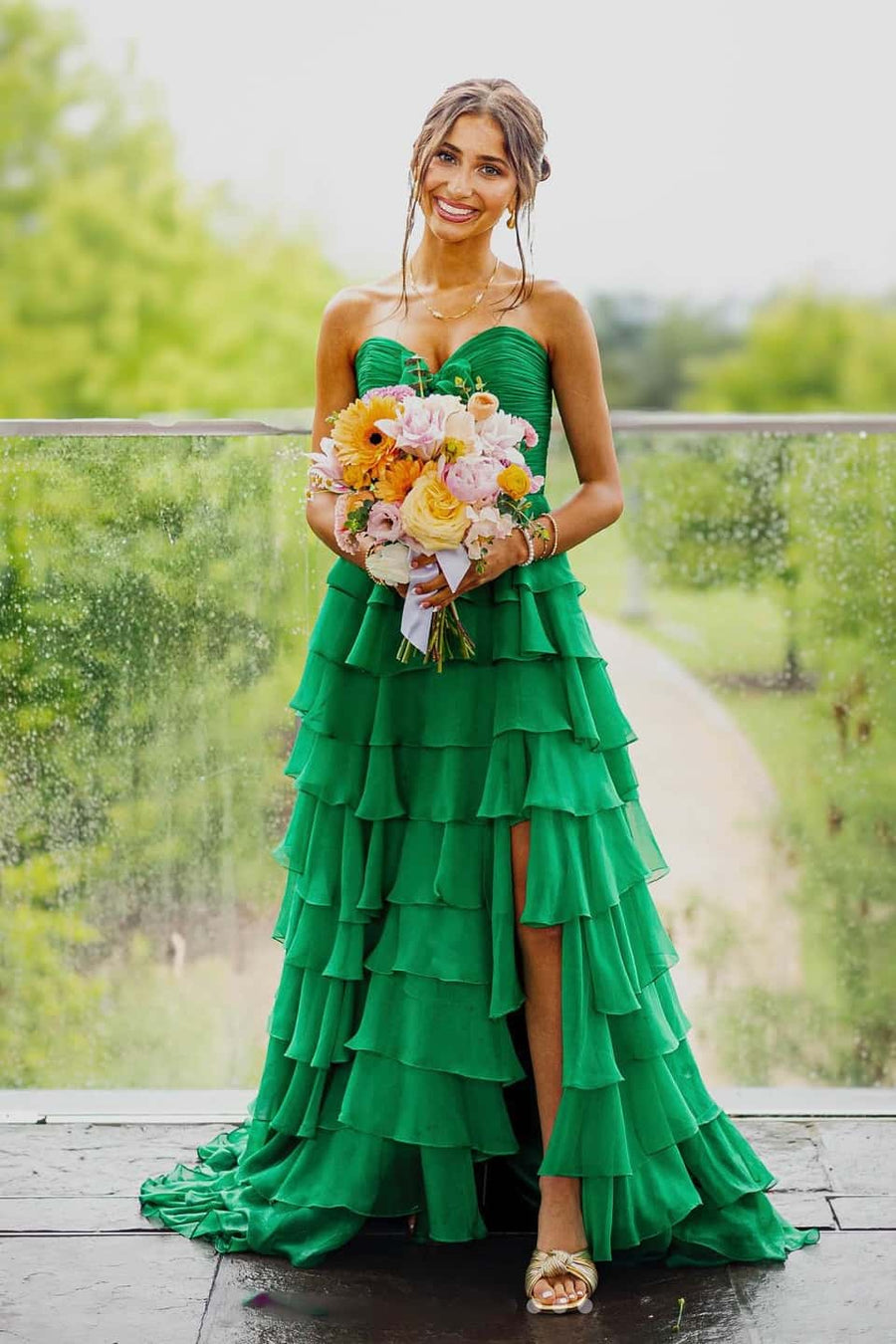 Strapless Yellow Tiered Long Dress with Bow