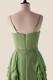 Matcha Green Ruffles Faux Wrap Bridesmaid Dress