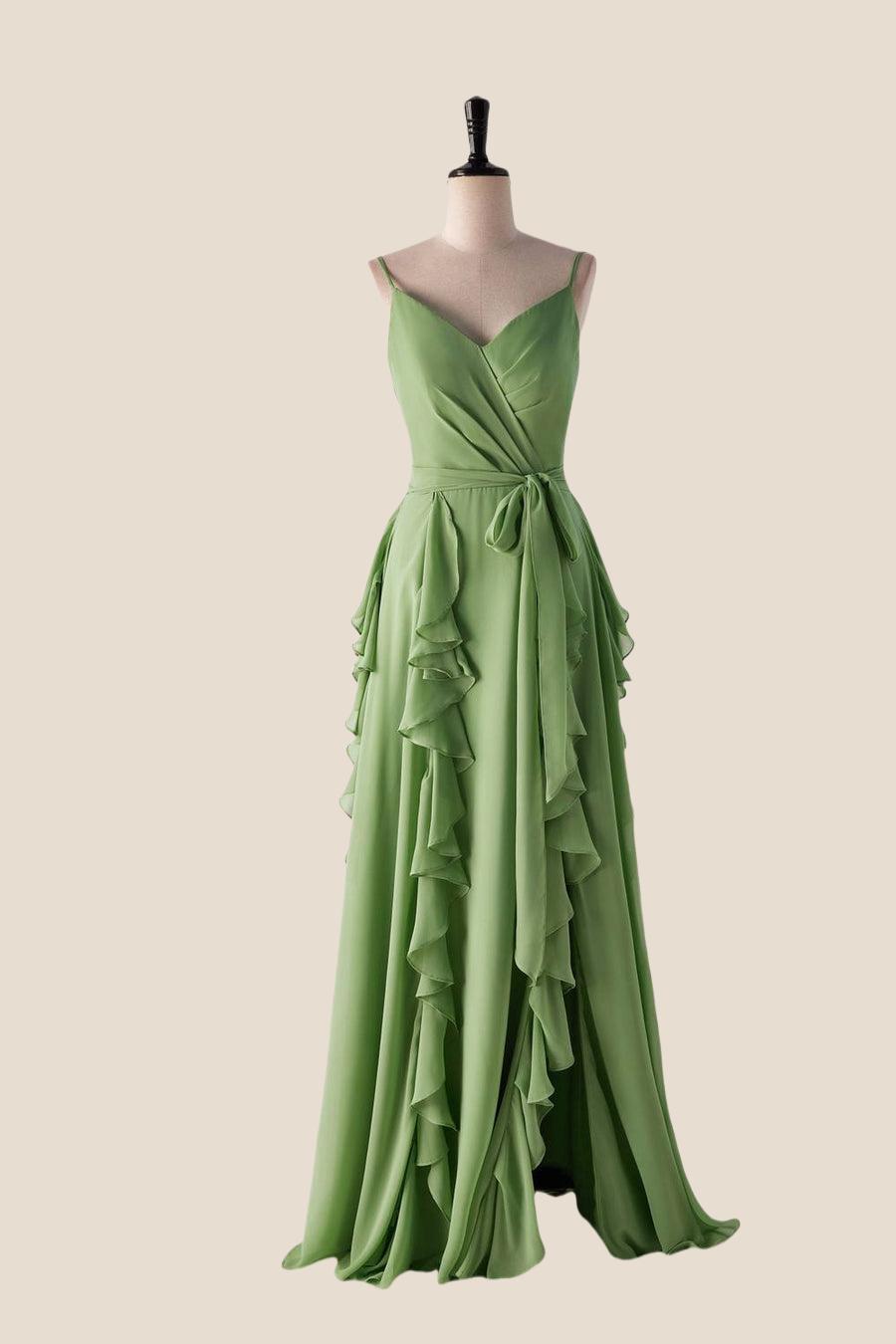 Matcha Green Ruffles Faux Wrap Bridesmaid Dress