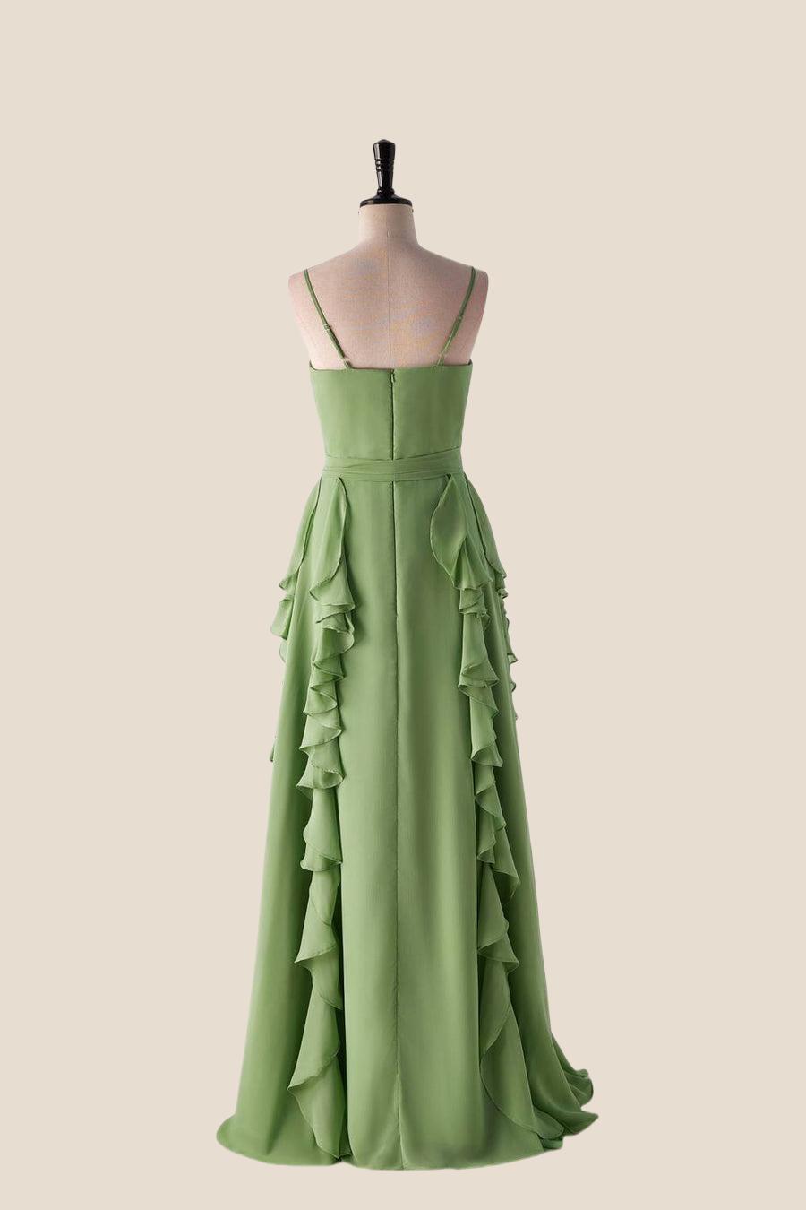 Matcha Green Ruffles Faux Wrap Bridesmaid Dress