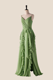 Matcha Green Ruffles Faux Wrap Bridesmaid Dress