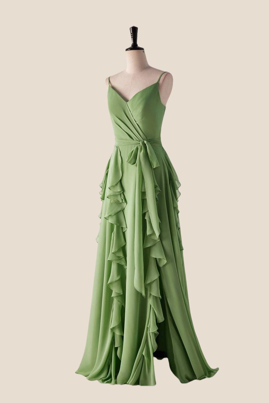 Matcha Green Ruffles Faux Wrap Bridesmaid Dress