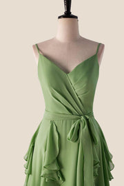 Matcha Green Ruffles Faux Wrap Bridesmaid Dress