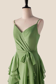 Matcha Green Ruffles Faux Wrap Bridesmaid Dress