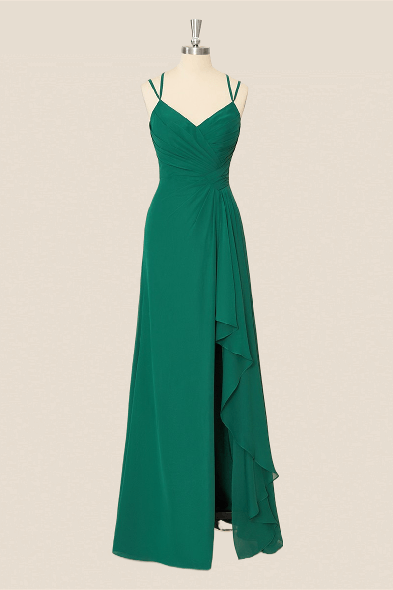 Green Chiffon Pleated Long Bridesmaid Dress