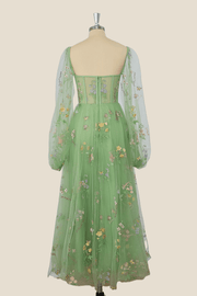Long Sleeves Green Floral Tea Length Dress