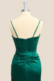 Ruched Green V Neck Long Party Dress