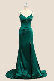 Ruched Green V Neck Long Party Dress
