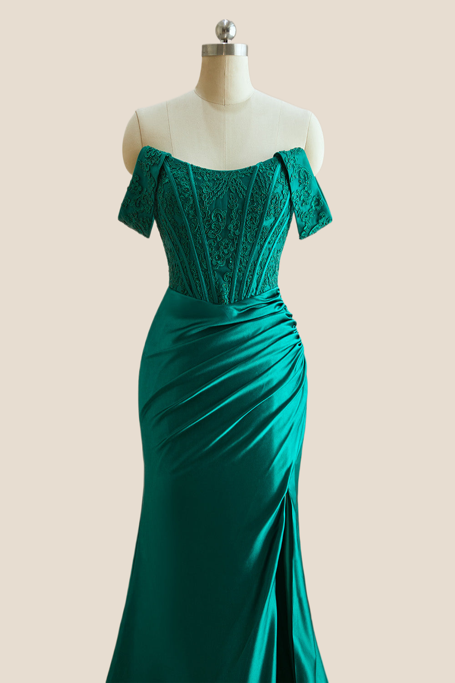 Off the Shoulder Green Lace and Mermaid Ruched Long Prom Dress
