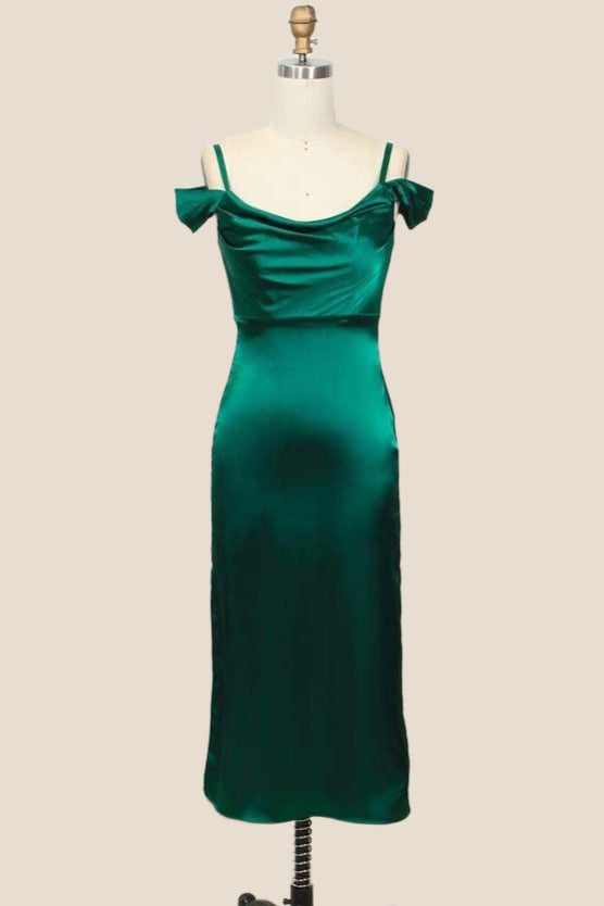 Off the Shoulder Green Midi Bridesmaid Dress