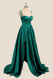 Scoop Green A-line Satin Long Formal Dress