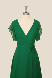 Green Ruffles Wrap Chiffon Long Dress