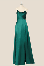 Straps Cowl Neck Green A-line Long Dress
