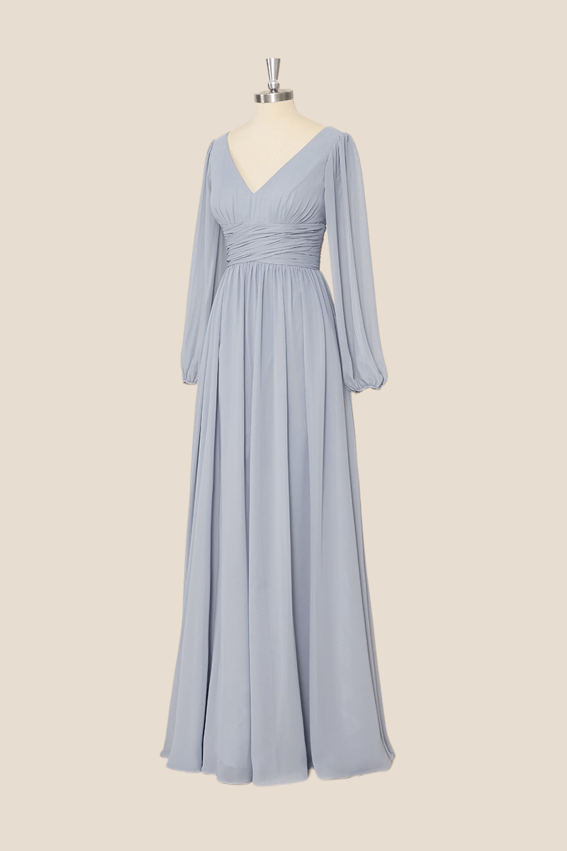 Grey Long Sleeves Chiffon Long Bridesmaid Dress