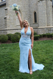 Halter Hot Pink Lace Mermaid Prom Dress