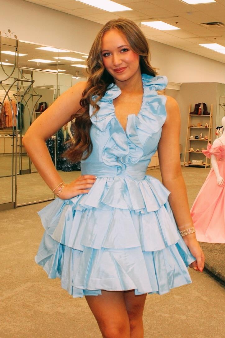 halter royal blue ruffle tiered short dress $ 137 . 00 $ 137 . 00 on