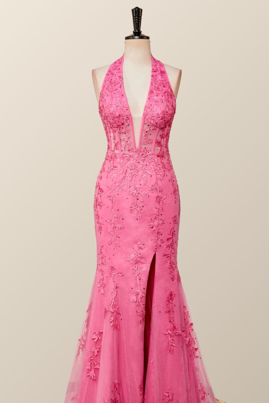 Halter Hot Pink Lace Mermaid Prom Dress