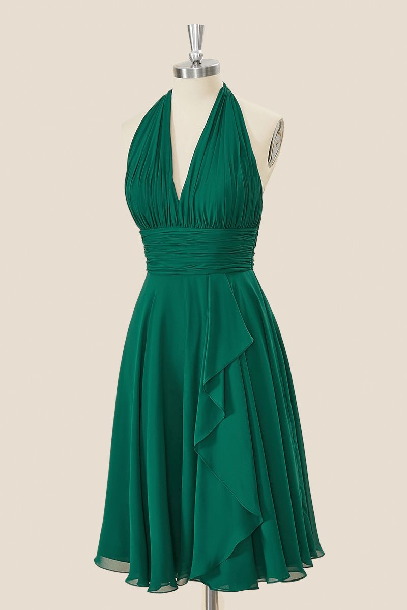Halter Green Chiffon Short A-line Dress